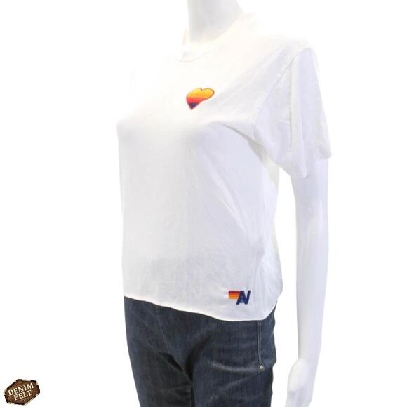 Aviator Nation Embroidered Heart Cropped Tee White Rainbow Logo Size Small NEW - Picture 3 of 12